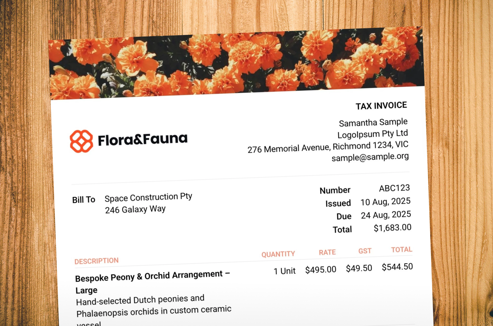 Mockup of an invoice from Rounded - showing the flexibility in design