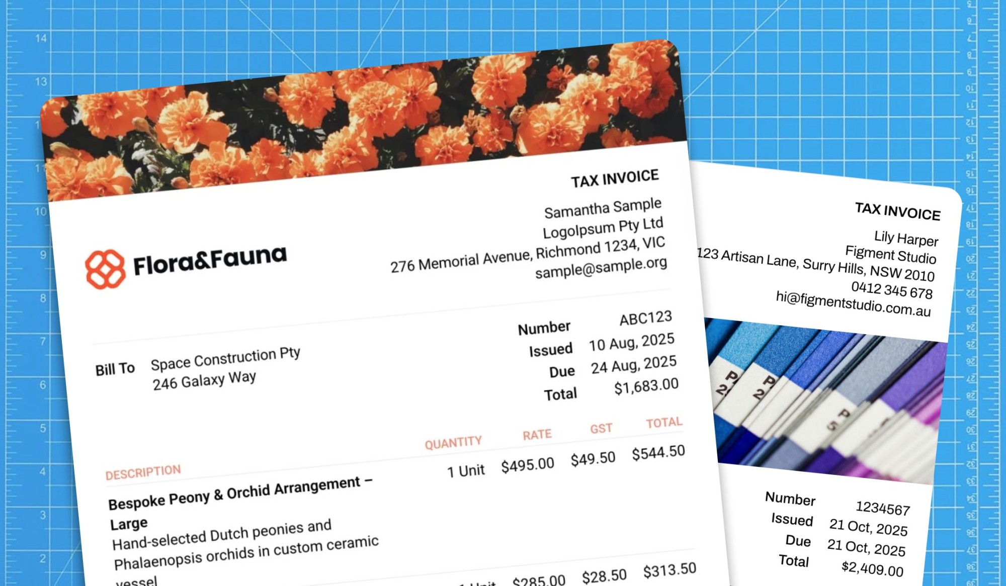 Graphic showing two invoices generated from Rounded - with a wide range of customisations possible,