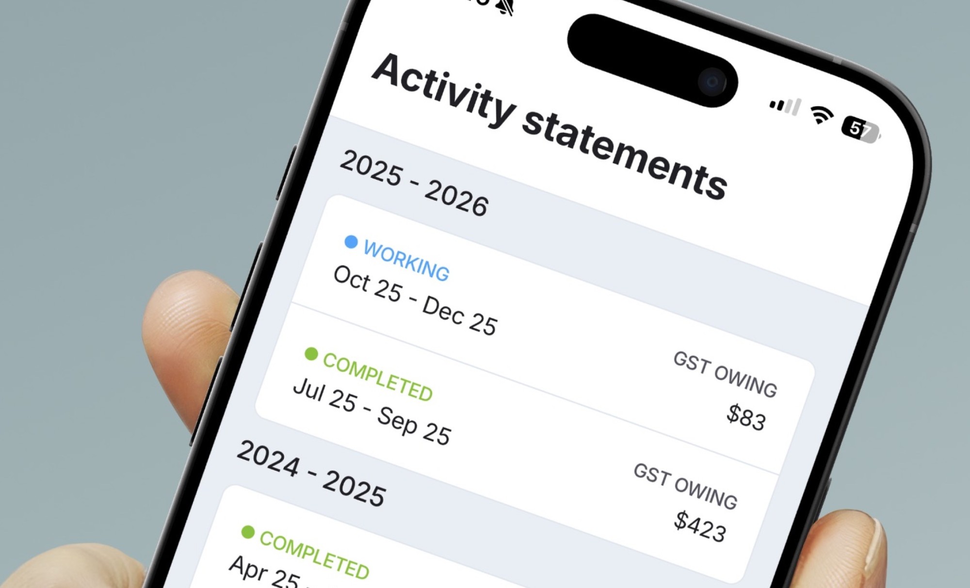Close-up shot of BAS Activity Statements interface on Rounded mobile