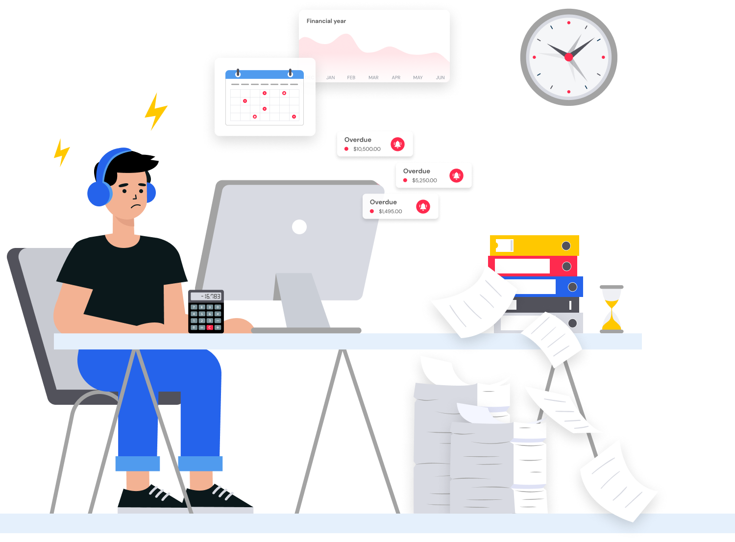 Illustration of unhappy man, surrounded by spreadsheets and confusion.