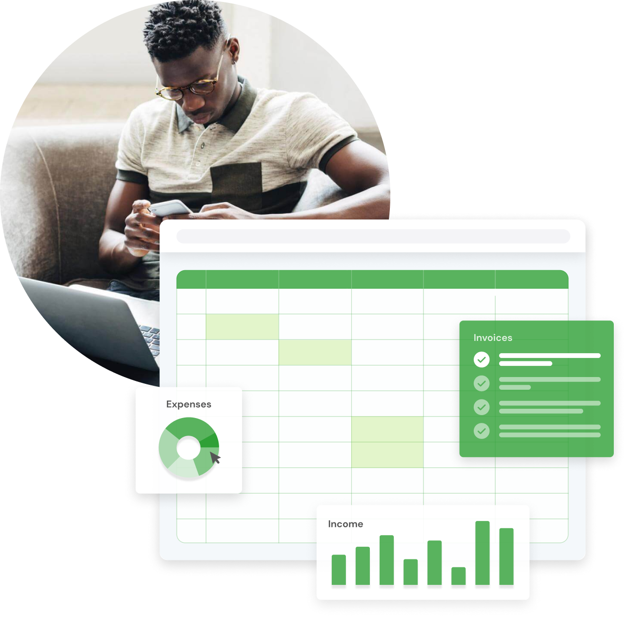 Composite image of man using mobile, overlaid with graphical elements comparing Rounded to Microsfot Excel