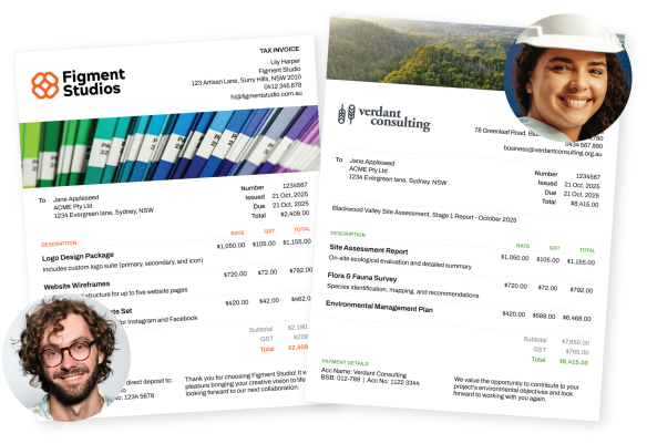 Example of two customised invoices created in Rounded, showing how Australian sole traders can personalise headers, colours, and layouts while client details and dates are auto-filled.