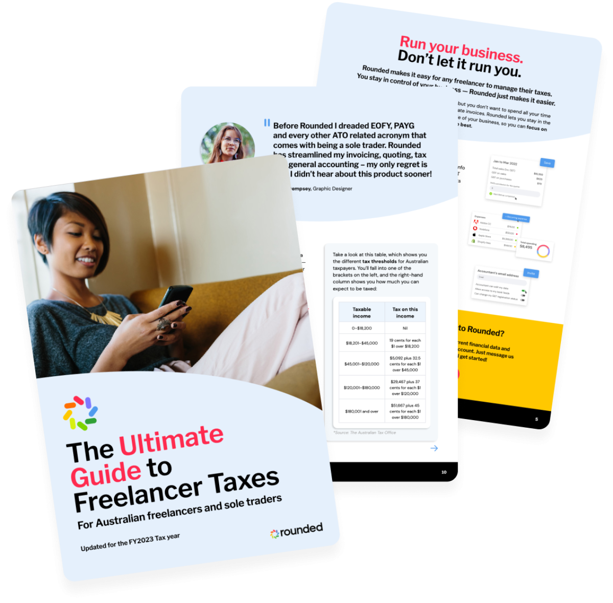 Graphic showing The Ultimate Guide to Freelancer Taxes pages
